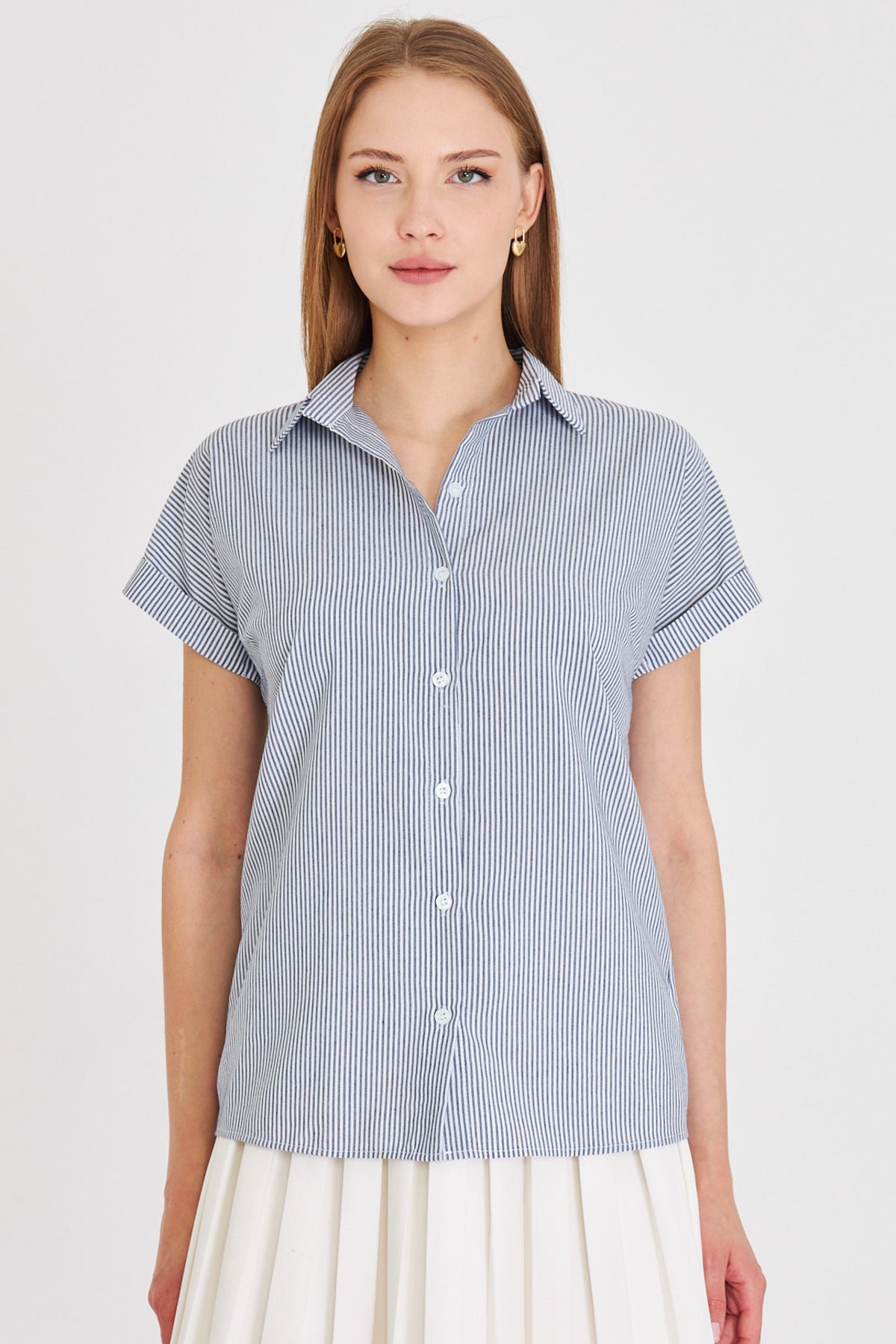 Women's Black Striped Short Sleeve Shirt ARM-25Y001059