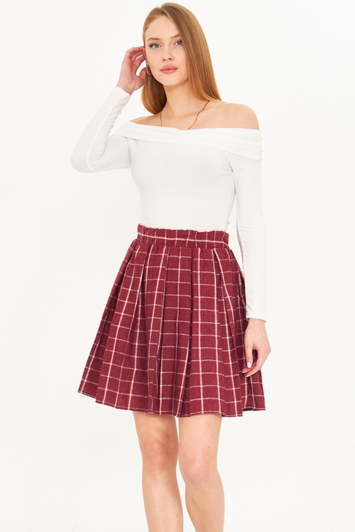 Women's Dark Claret Red Plaid Short Flared Skirt ARM-22K001014
