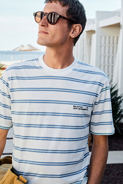 WOODY Men's 100% Cotton Embroidery Detailed Crew Neck Striped Regular Fit White-Blue Striped T-Shirt