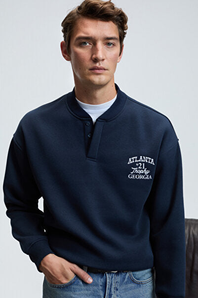 JETHRO Men's Bomber Collar Plaid Buttoned Chest Embroidered Relaxed Fit Navy Blue Sweatshirt