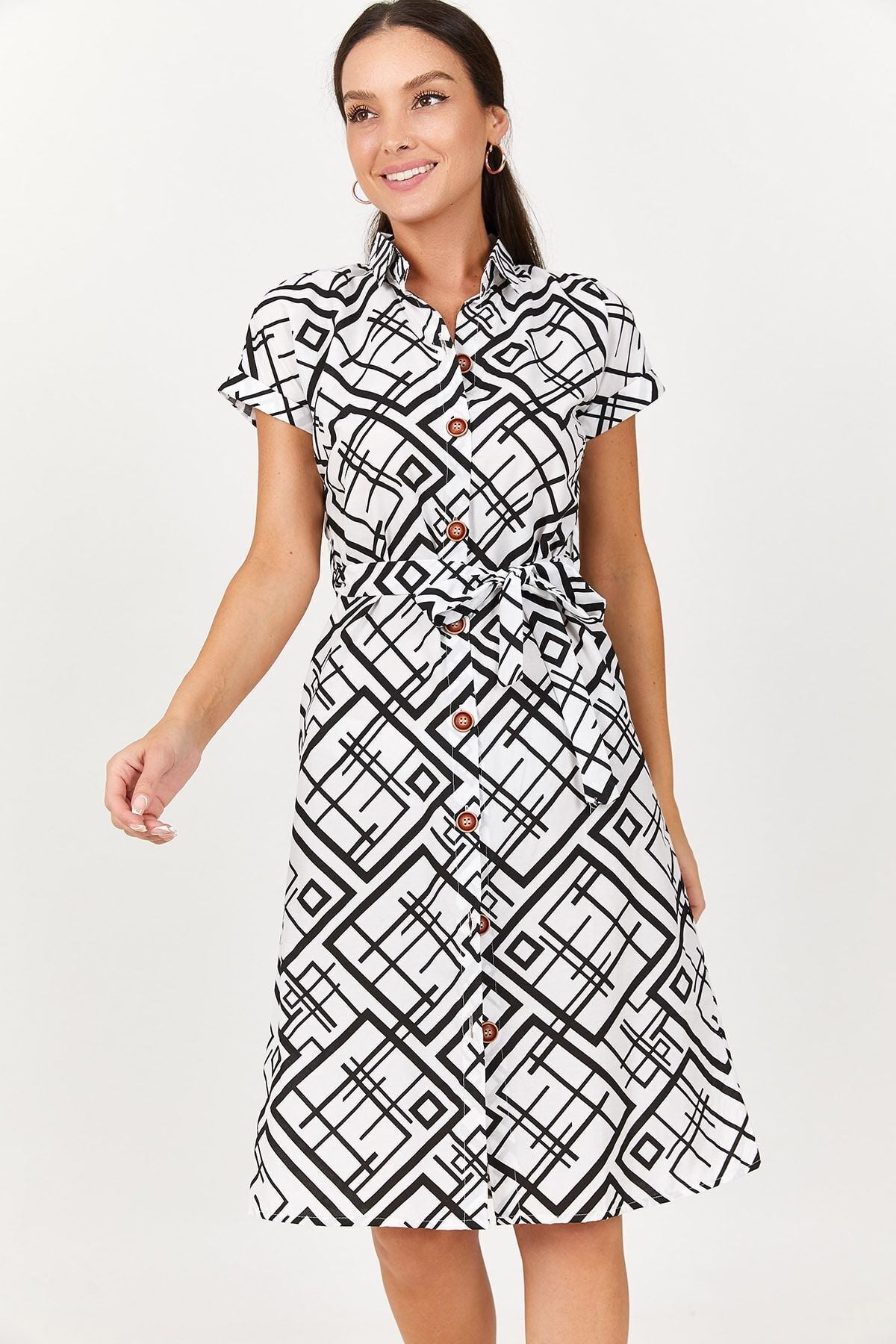 Women's White Square Pattern Tie Waist Belted Short Sleeve Shirt Dress ARM-22Y001084