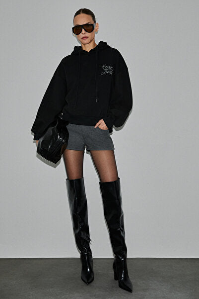 ASTERELLE Women's Cotton Fleece Inside Oversize Hooded Backpack Detailed Black Sweatshirt