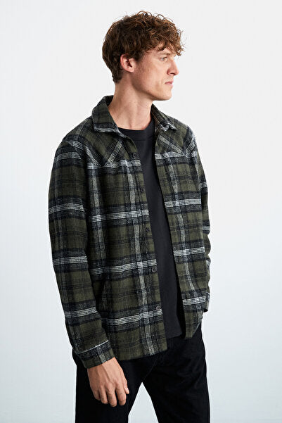 Allenı Men's Cotton Shirt Collar Relaxed Lumberjack Khaki Shirt