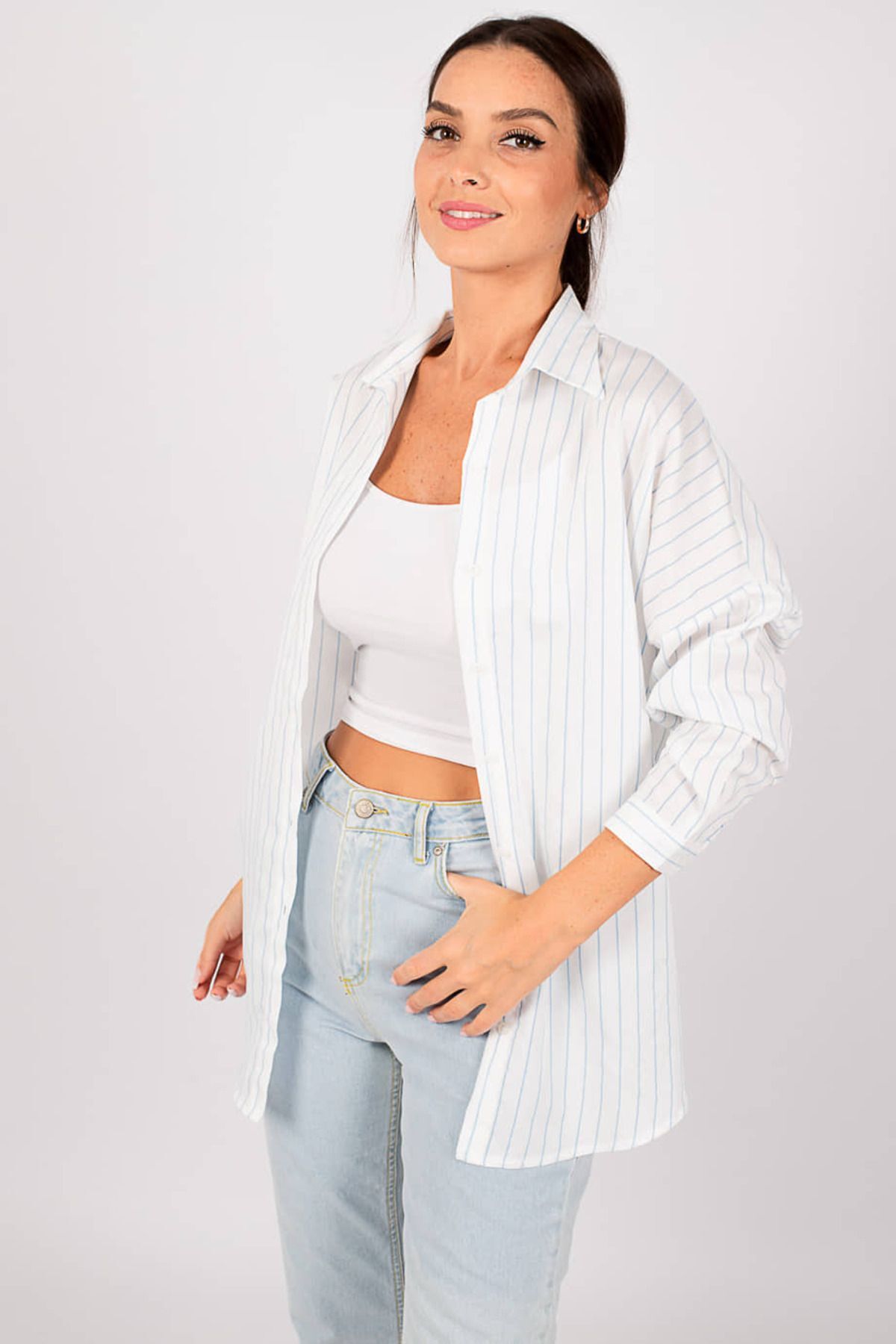 Women's Baby Blue Striped Oversize Long Basic Shirt Arm-22Y001129