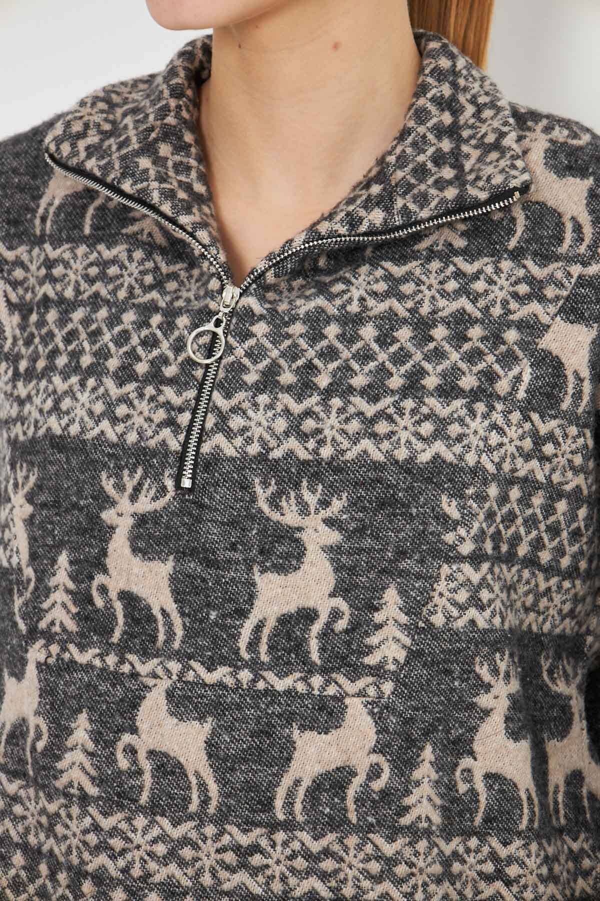 Women's Anthracite Turtleneck Sweatshirt with Zipper Collar ARM-25K001056