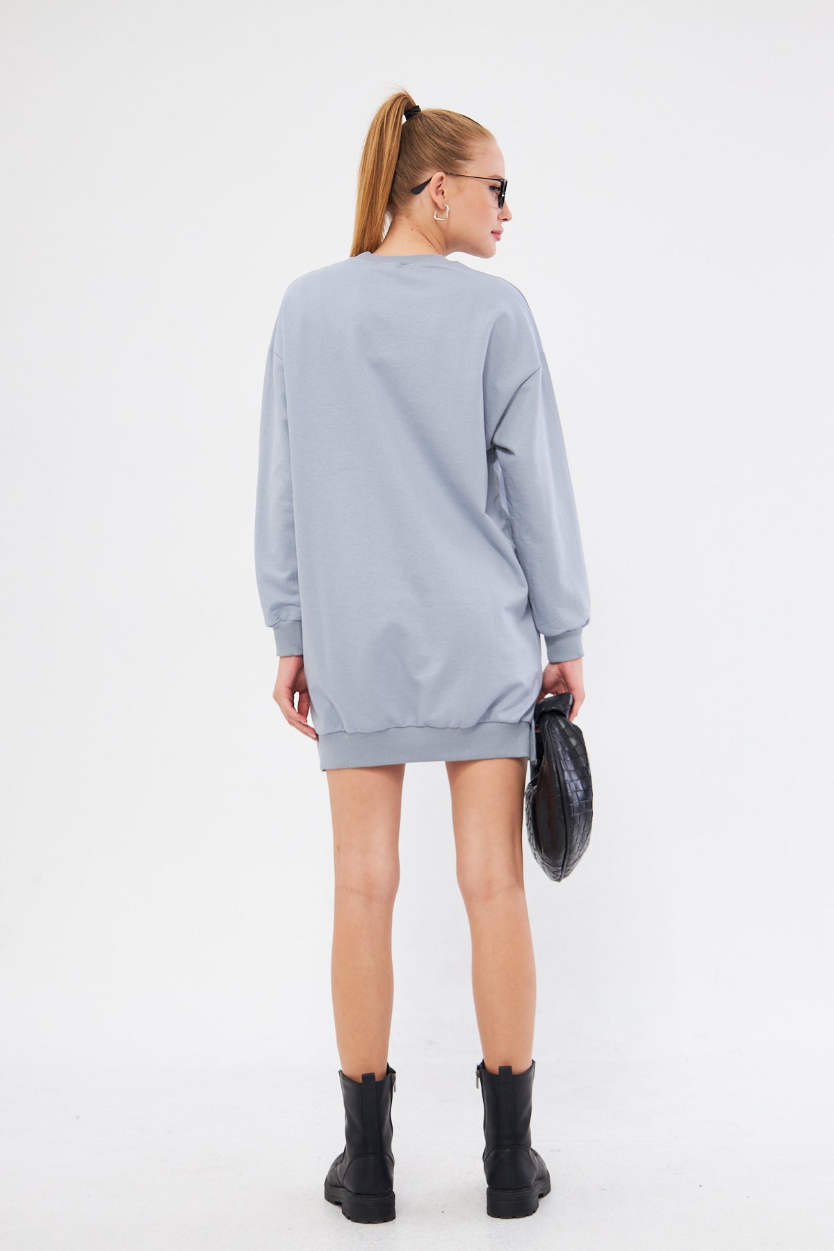 Women's Gray Crew Neck Front Written Tunic Sweatshirt ARM-25K001029