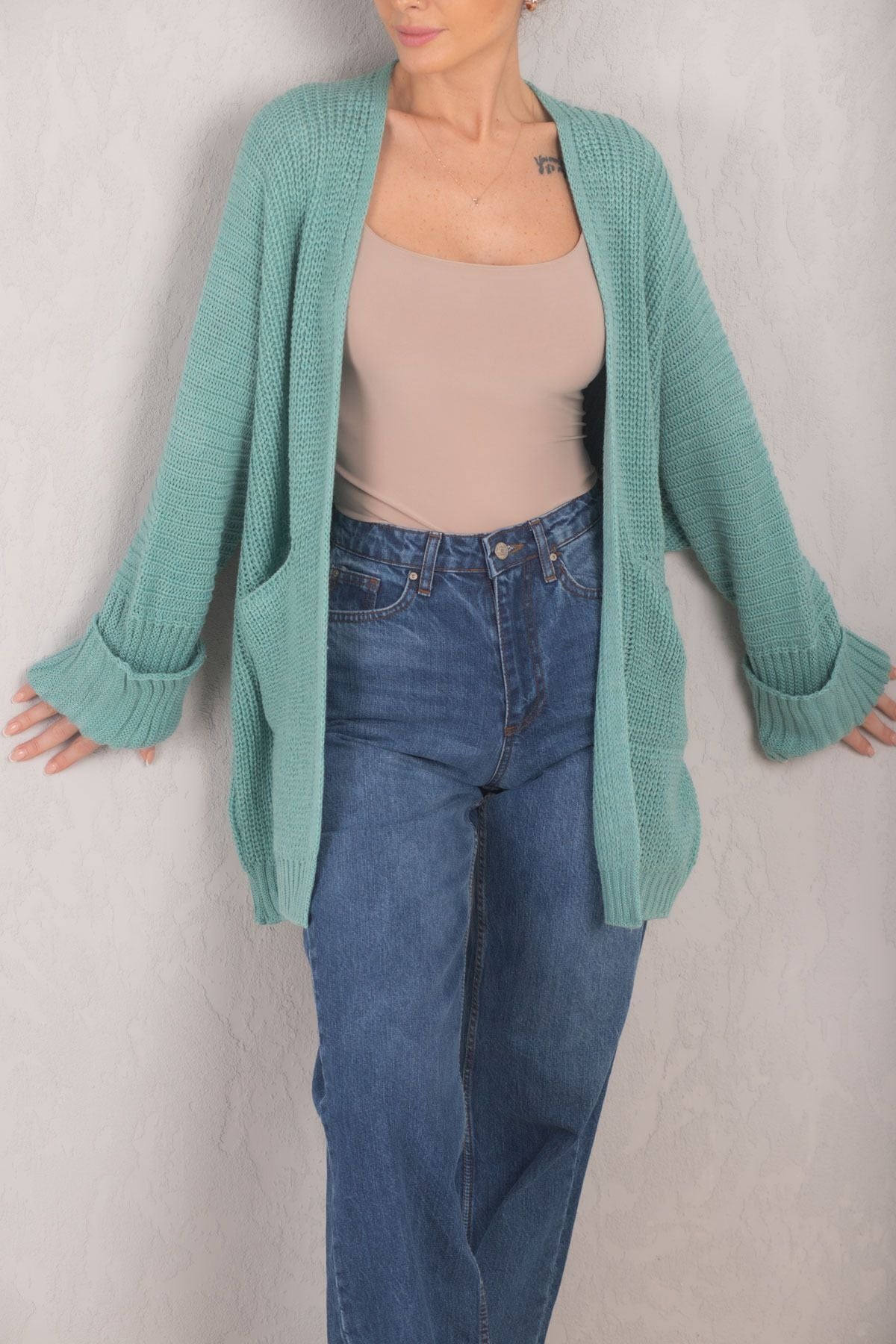 Women's Turquoise Thessaloniki Knitted Pocket Double Sleeve Knitwear Cardigan