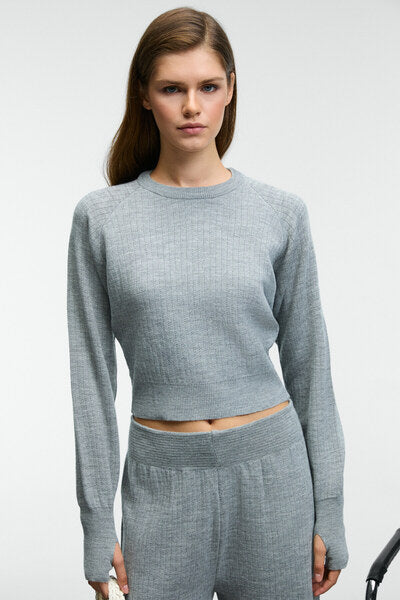 MARIPOSA Women's Round Neck Stripe Patterned Crop Wide Leg Knitwear Grimelange Bottom-Top Set