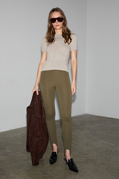 RYSANNE Women's Stretchy Fabric Slim Fit Khaki Trousers with Elastic Detail on the Leg