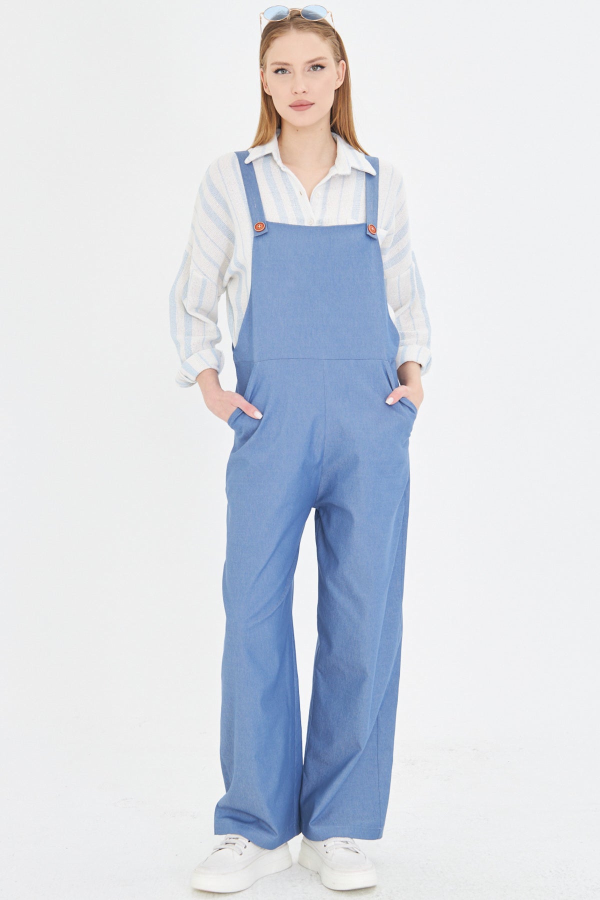 Women's Indigo Pocketed Wide Leg Gardener Jean Overalls ARM-25Y001037