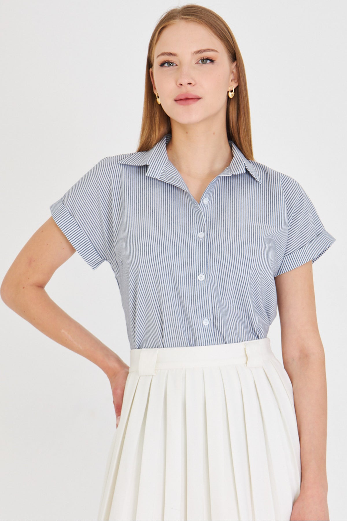 Women's Black Striped Short Sleeve Shirt ARM-25Y001059