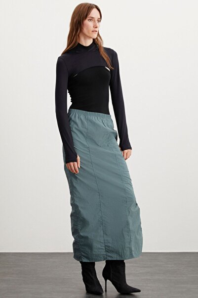 Cherı Women's Elastic Waist Waterproof Parachute Fabric Long Green Skirt