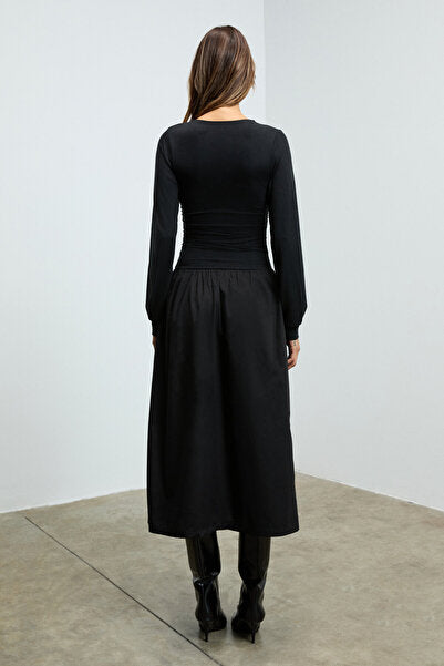 PANI YOKEND Women's V-Neck, Gather Detailed, Flexible Fabric Skirt Poplin Black Dress