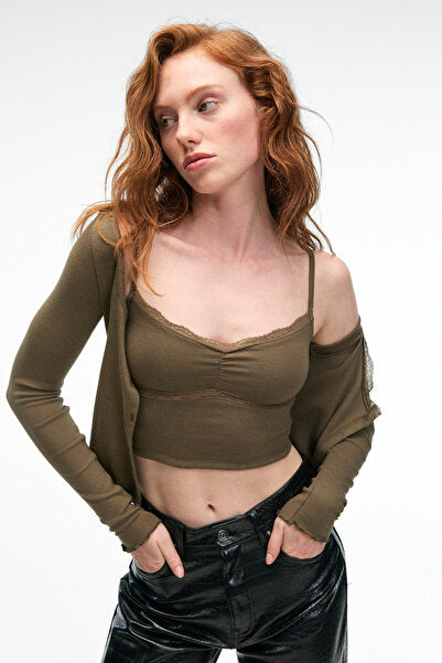 ELVURA Women's Stretchy Fabric Buttoned Blouse with Lace Detail on the Collar and Athlete Two-piece Khaki Blouse