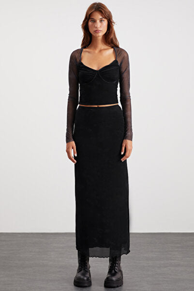 Beulah Women's Maxi Length Slim Fit Elastic Waist Tulle Batik Patterned Black Skirt