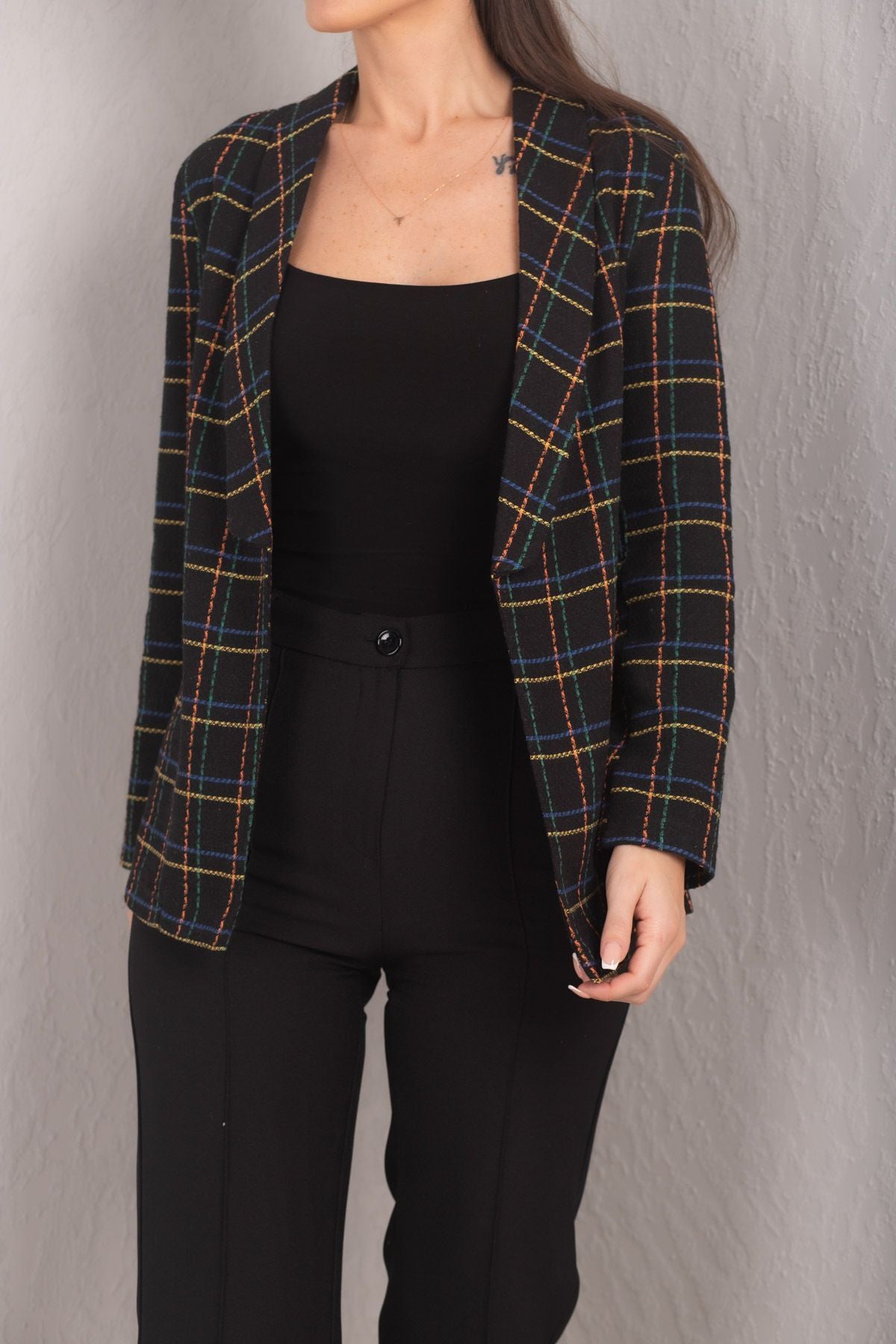 Women's Yellow Shawl Collar Plaid Pattern Tweed Jacket ARM-24K001048