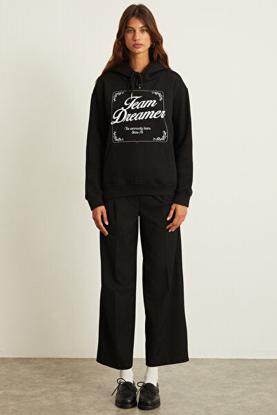 Sabine Women's Print Detailed Fleece Hooded Kangaroo Pocket Relaxed Fit Black Sweatshirt