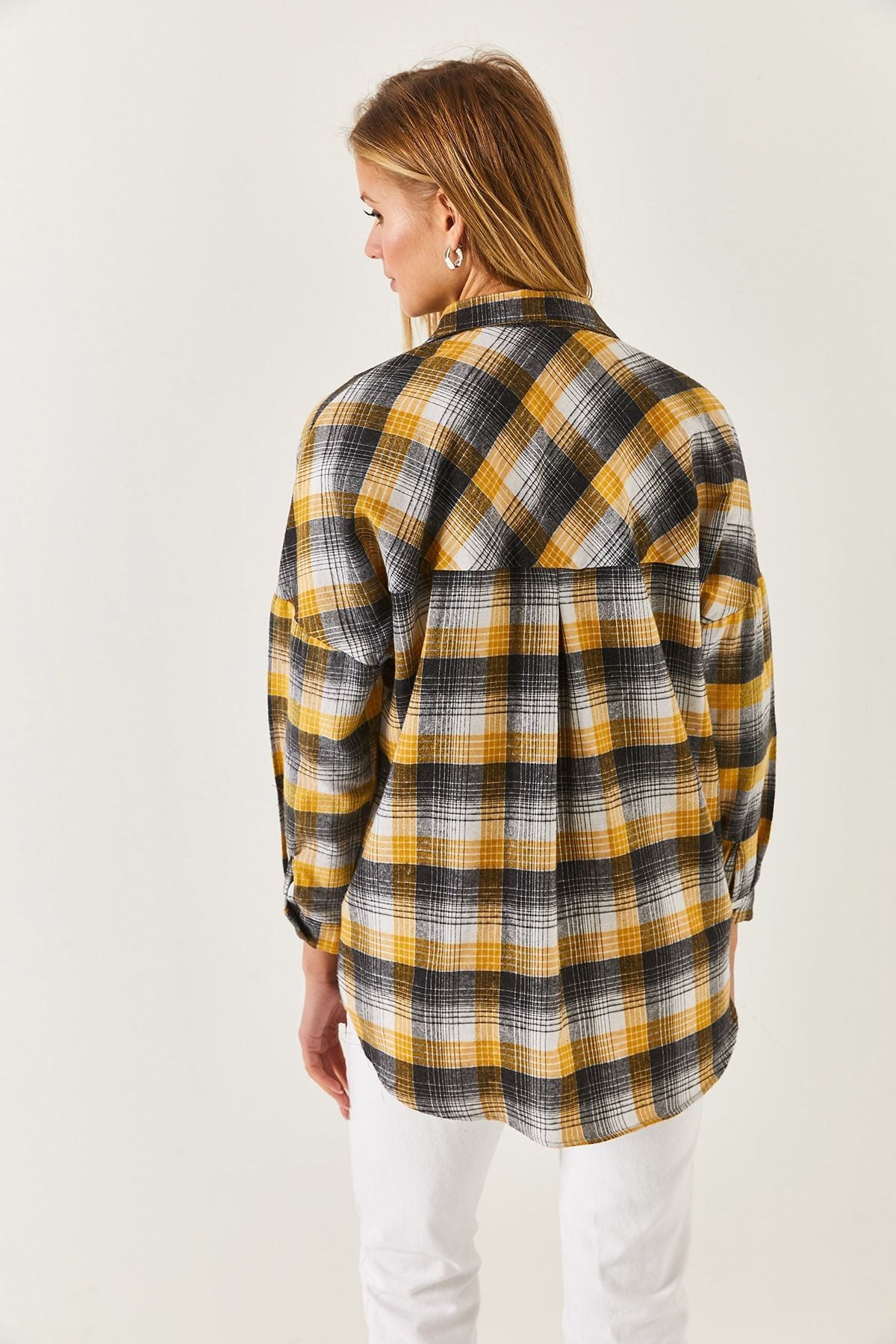 Women's Yellow Plaid Pattern Oversize Shirt Arm-22y001207