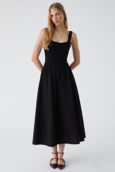 Pani Fuego Women's Strappy Collar Skirt Section, Stretchy Viscose Black Dress with Woven Poplin Top