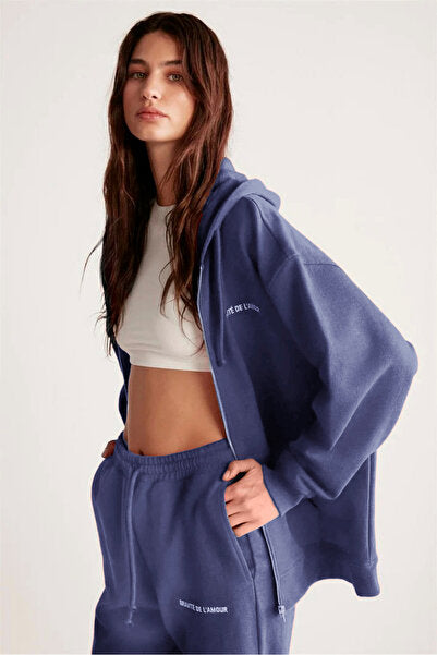 Ametıs Women's Oversize Organic Cotton Metal Zipper Hooded Navy Blue Sweatshirt