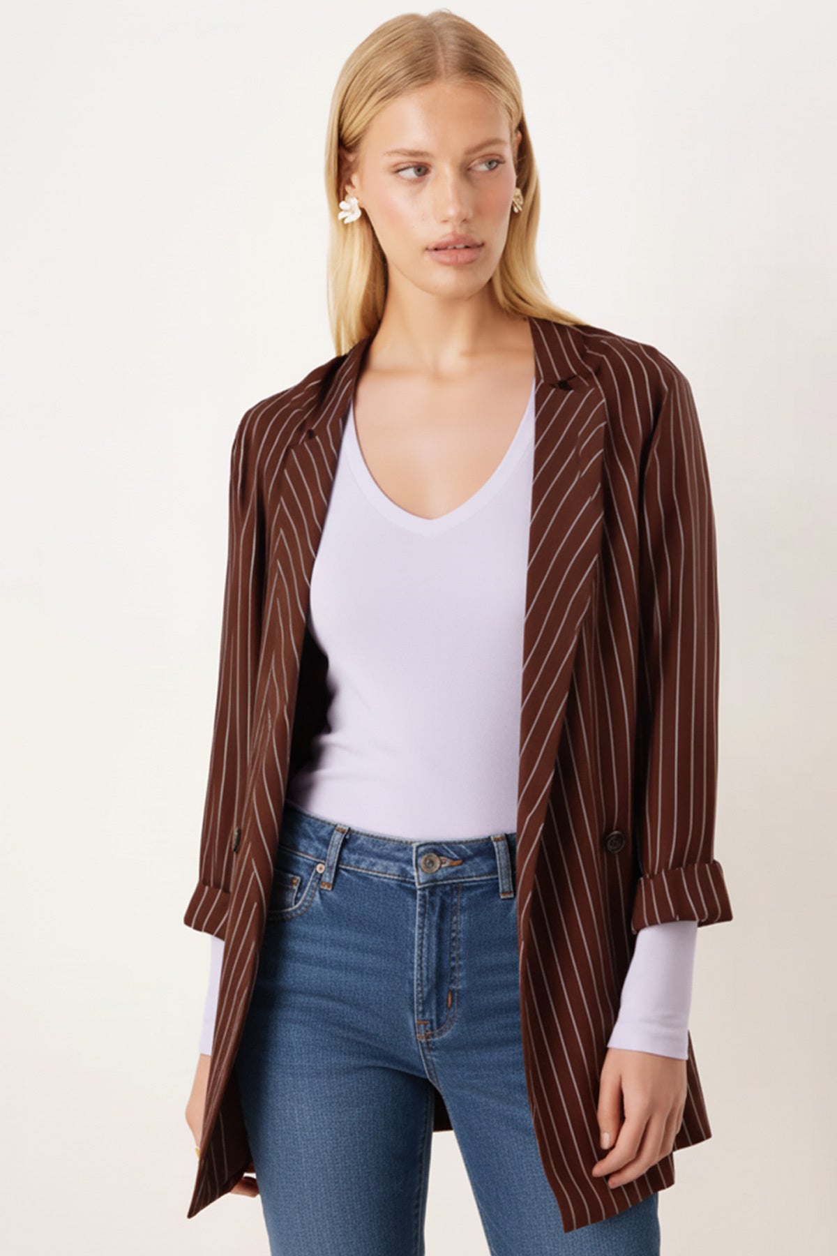 Women's Brown Oversize Double Sleeve Double Breasted Collar Lined Blazer Jacket ARM-26K001052