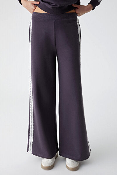 Pulse Women's 100% Cotton Lace Detailed Wide Leg Double Pocket Purple Sweatpants