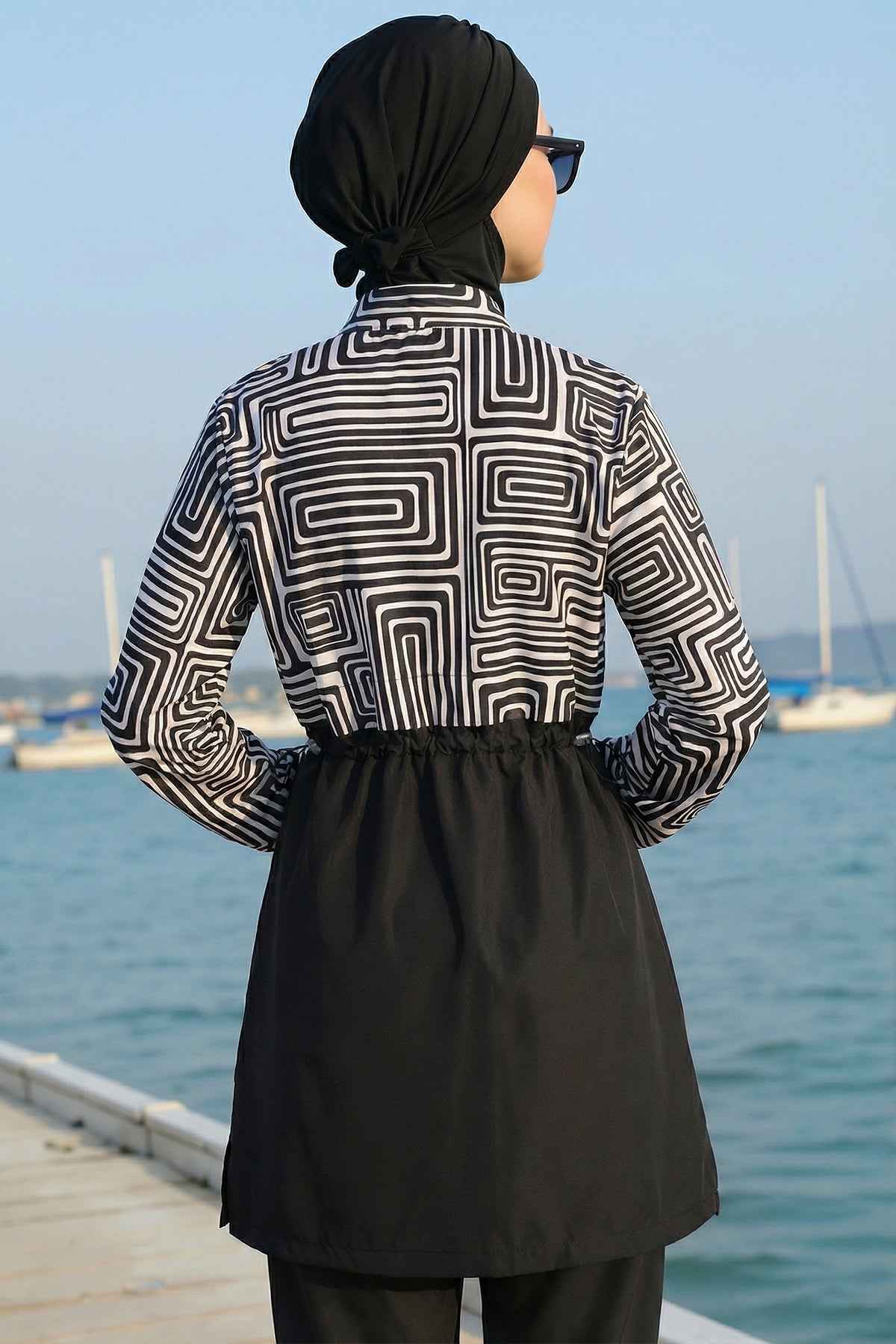 Patterned Top, Collar, Front Zipper, Elastic, Quick-Drying Burkini Hijab One-Top Swimsuit