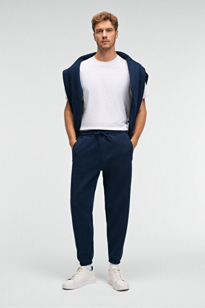 ANSEL Men's Elastic Slim Leg Three-Pocket Soft Organic Cotton Navy Blue Sweatpants