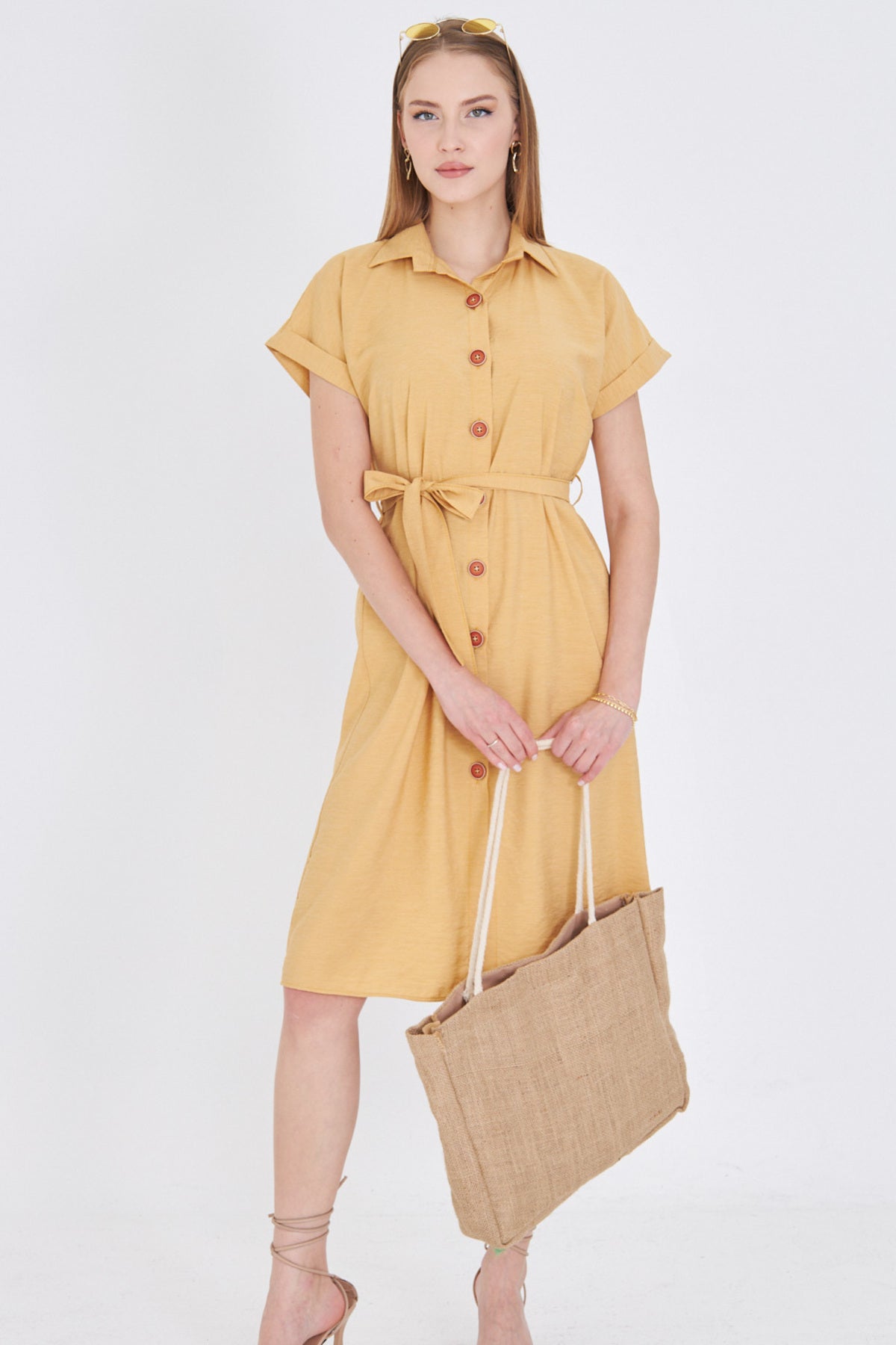 Women's Yellow Waist Belted Short Sleeve Shirt Dress ARM-25Y001065