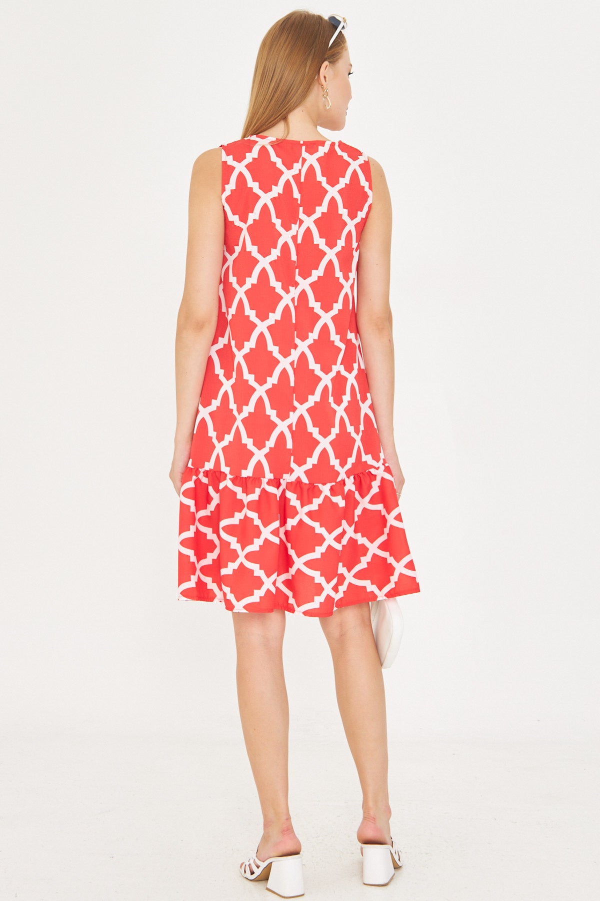 Women's Red-White Patterned Sleeveless Skirt Frilly Dress ARM-22K001142