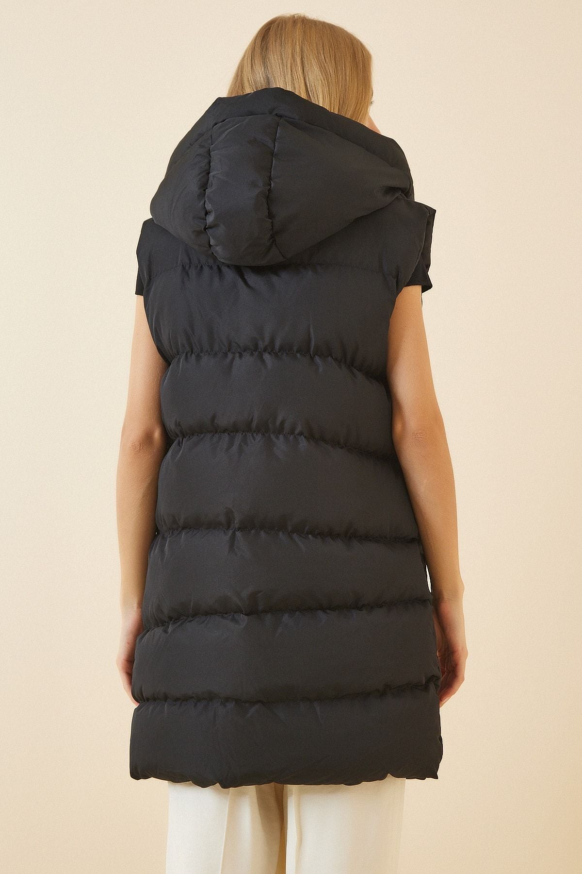 Women's black hooded long swelling vest RV00058