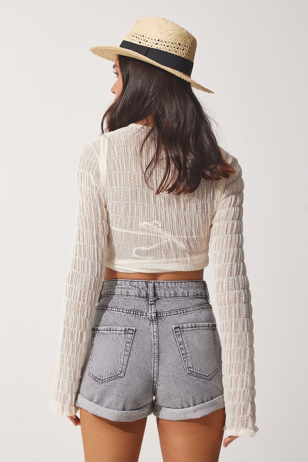 Women's gray five pockets denim shorts ok00056