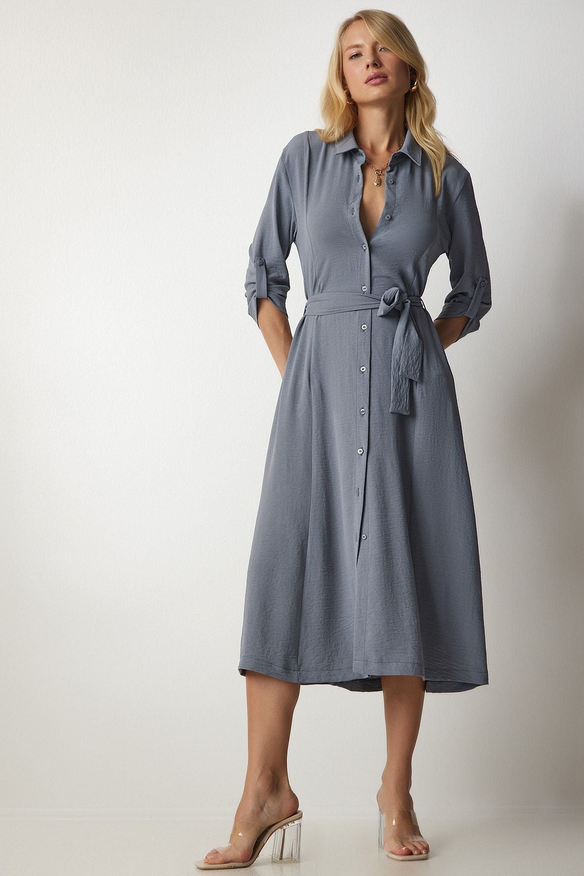 Women's Gray Belt Shirt Dress DD01256