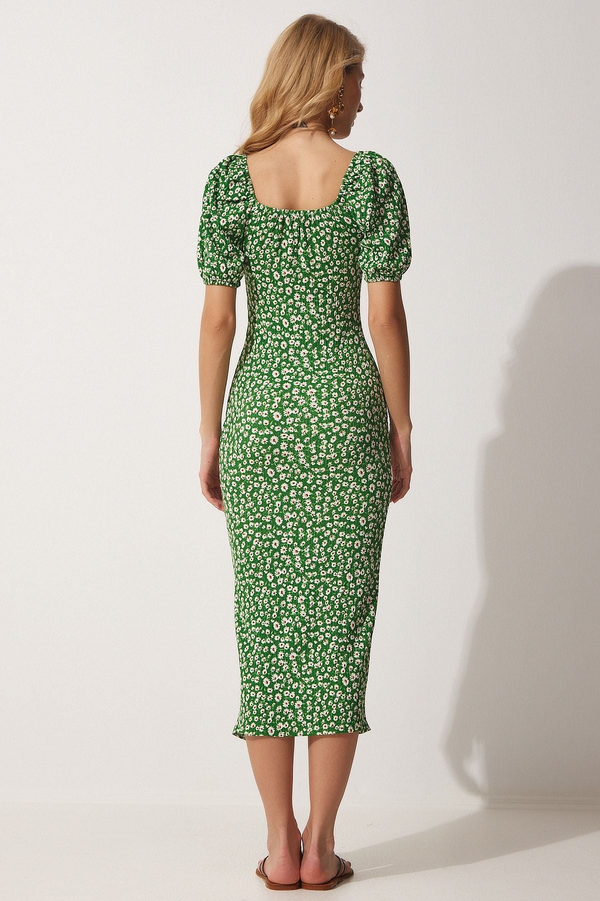 Woman Green Carmen Yaka Silled Summer Knitting Dress FF00113