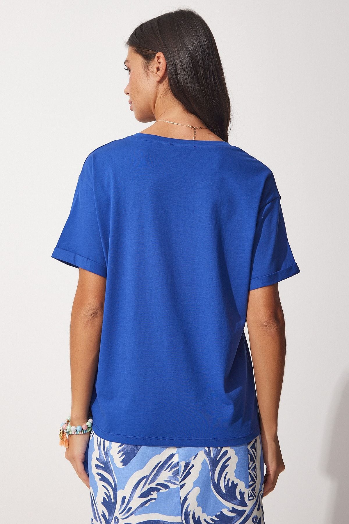 Women's Blue Bicycle Collar Cotton Plenty Knitting T-Shirt UB00053