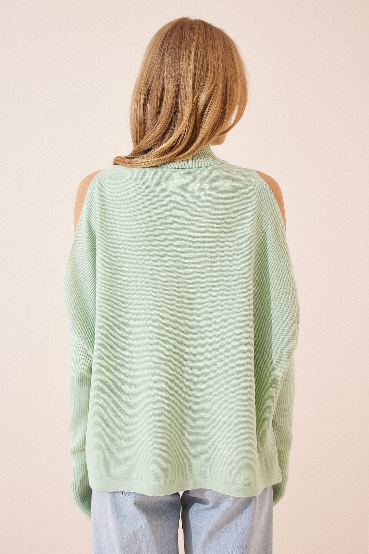 WOMEN'S WATER GREEN CUT OUT DETAILED OVERSIZE knitwear sweater as00015