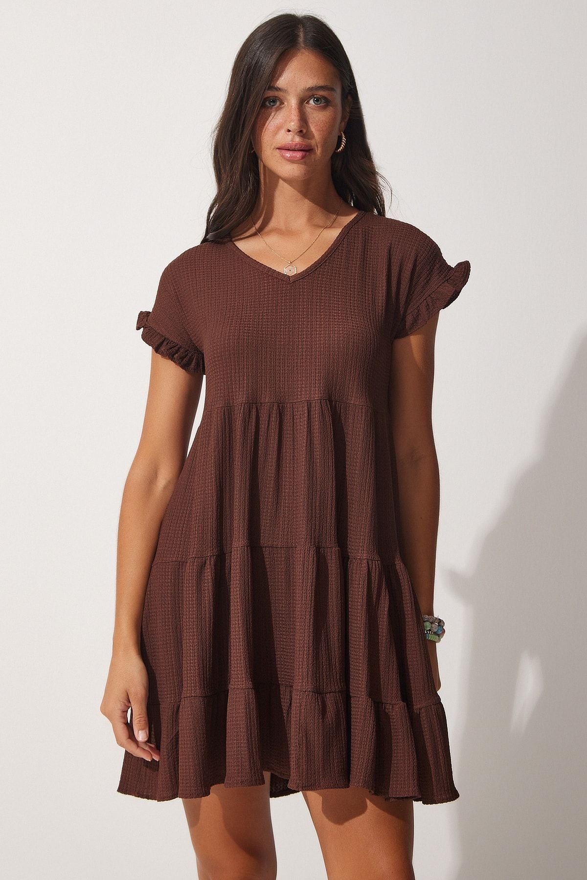 Woman Brown V -Neck Flash Summer Knitting Dress Dz00079