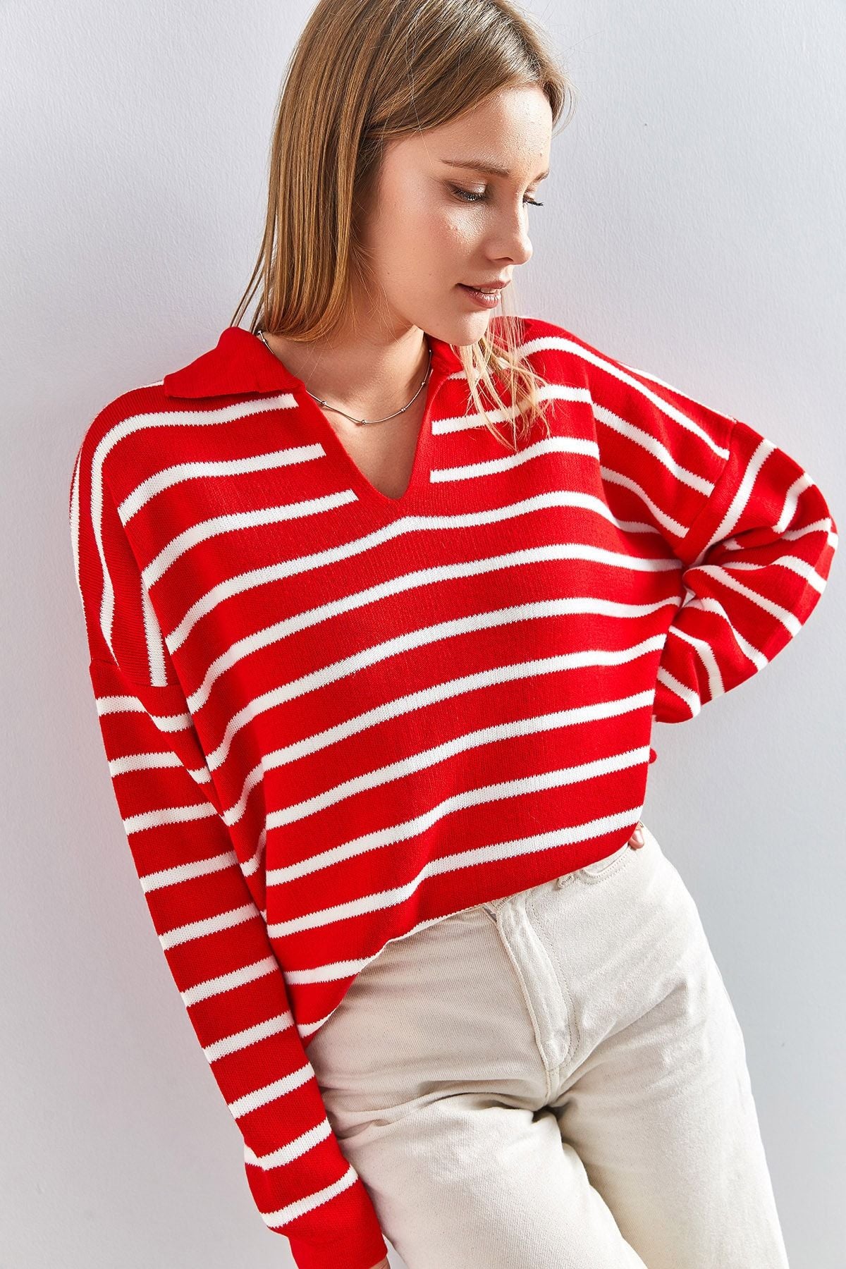 Woman Polo Yaka Striped Oversize Knitwear Sweater