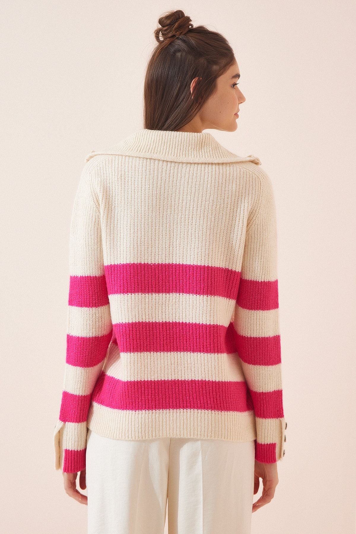 WOMEN'S BONE Pink Zipper Fisherman Yaka striped knitwear sweater LX00042
