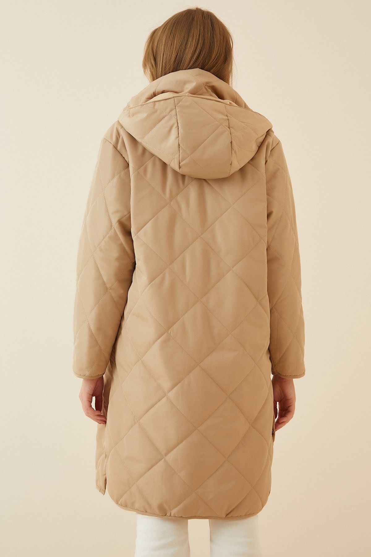 Women's Cream Pocket Hopeding Oversize Kapitone Coat Rv00014