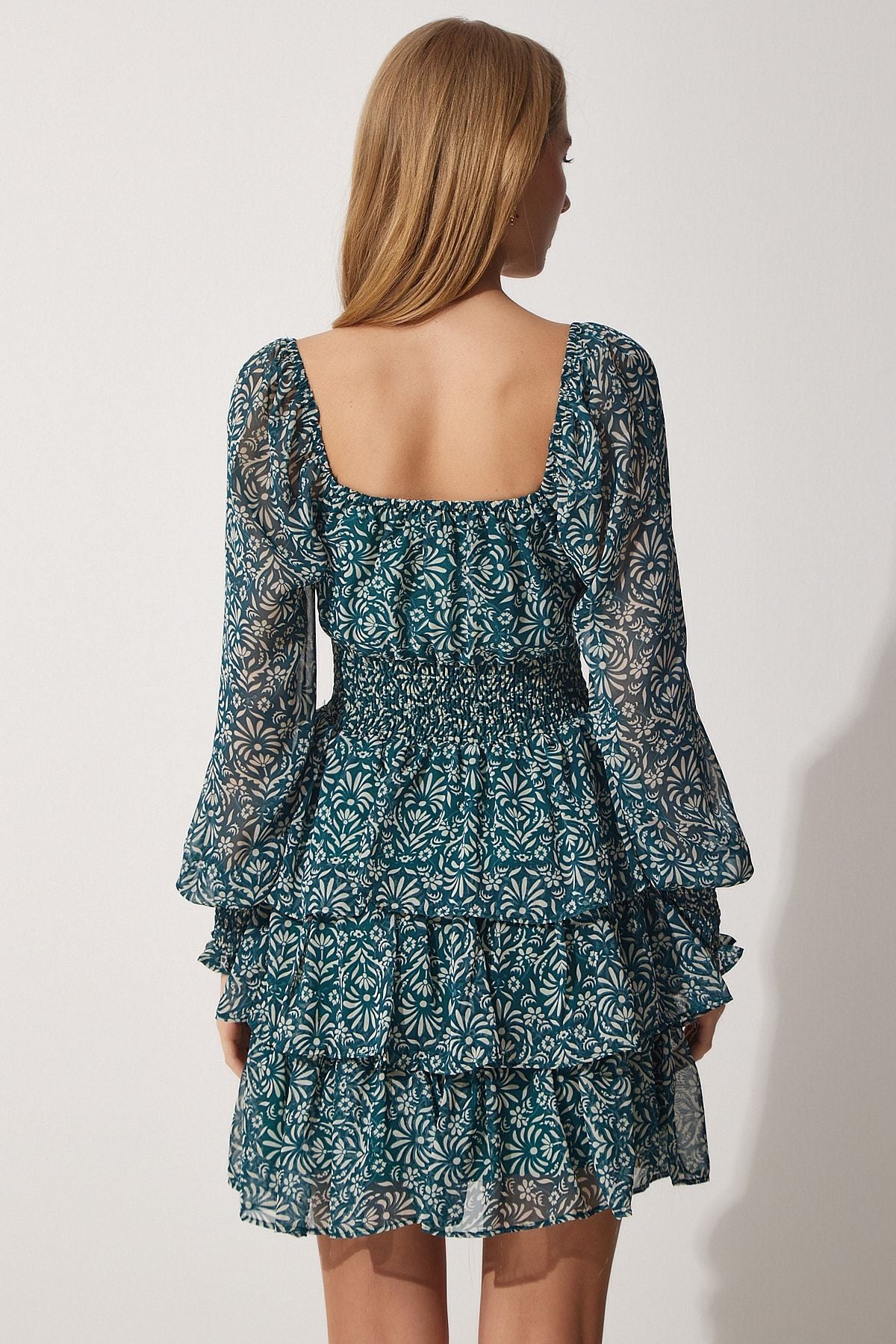Female Green Flower Carmen collar chiffon dress DK00146