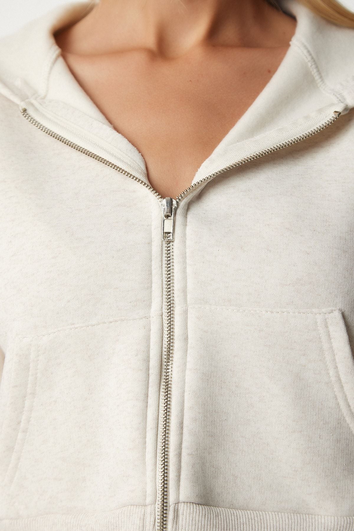 Female Beige Hooded Zipper Crop Sweatshirt UB00136