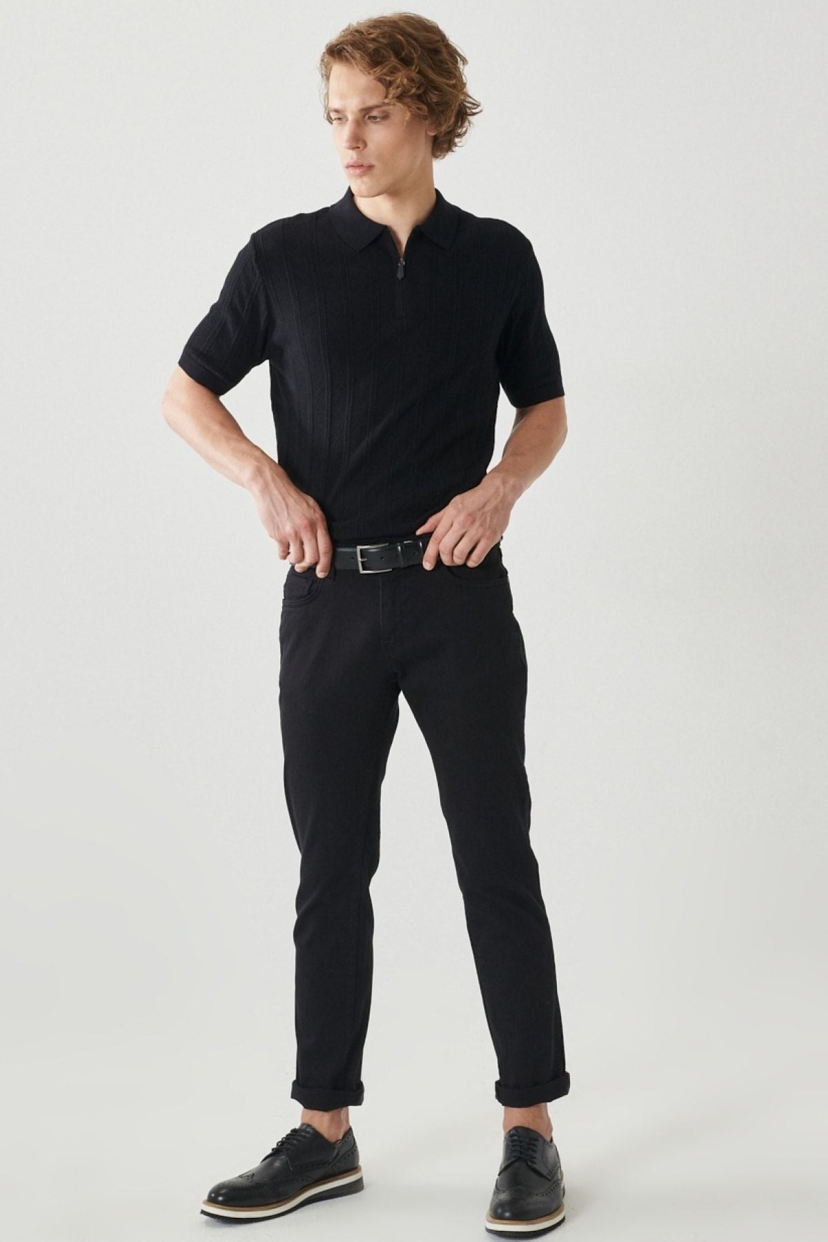 Men's black 360 degrees stretching in all directions slim fit narrow cut cotton cotton pants