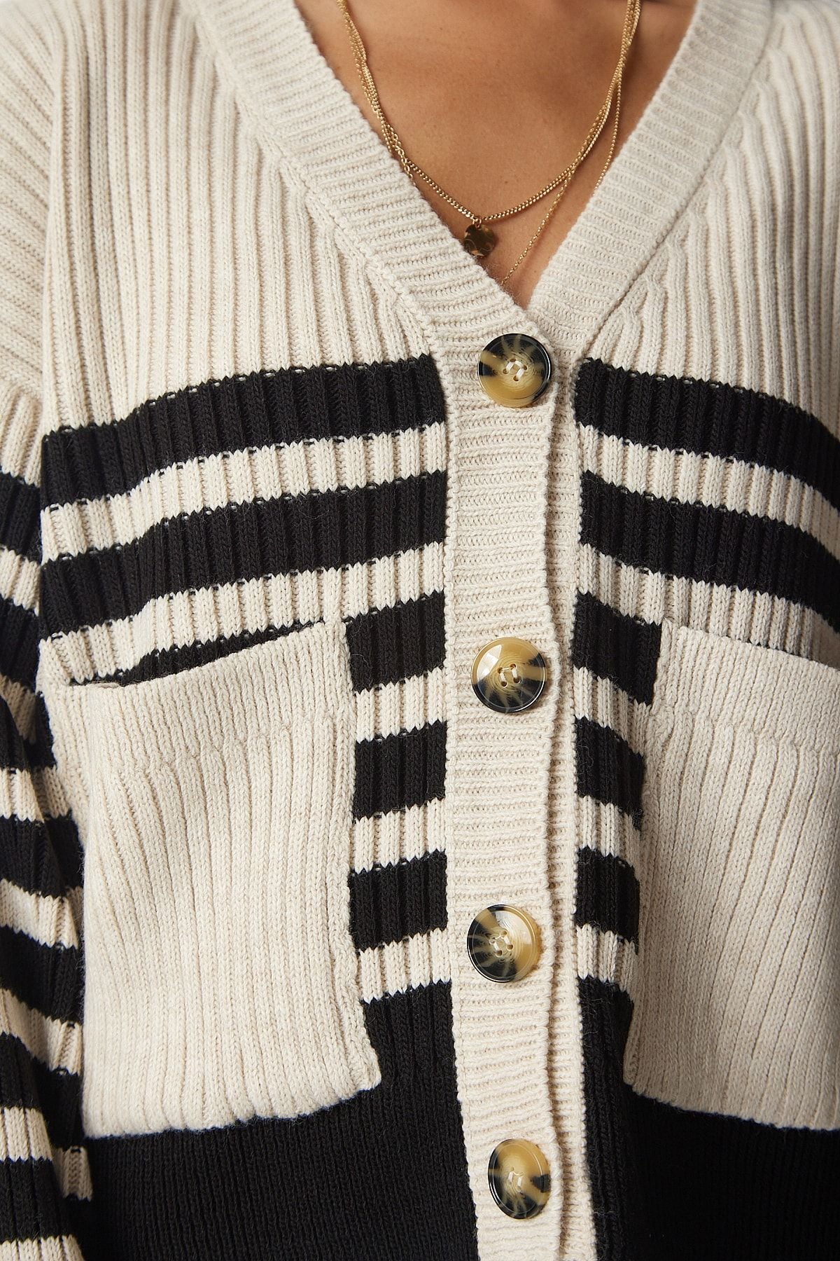 Women's Beige Black striped pocket knitwear cardigan BV00106