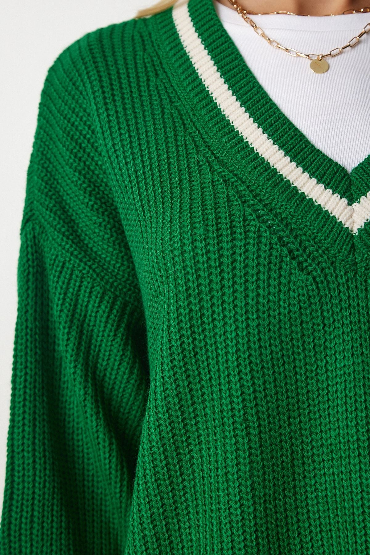 Woman Green V -Yaka Oversize Long Knitwear Sweater BP00140