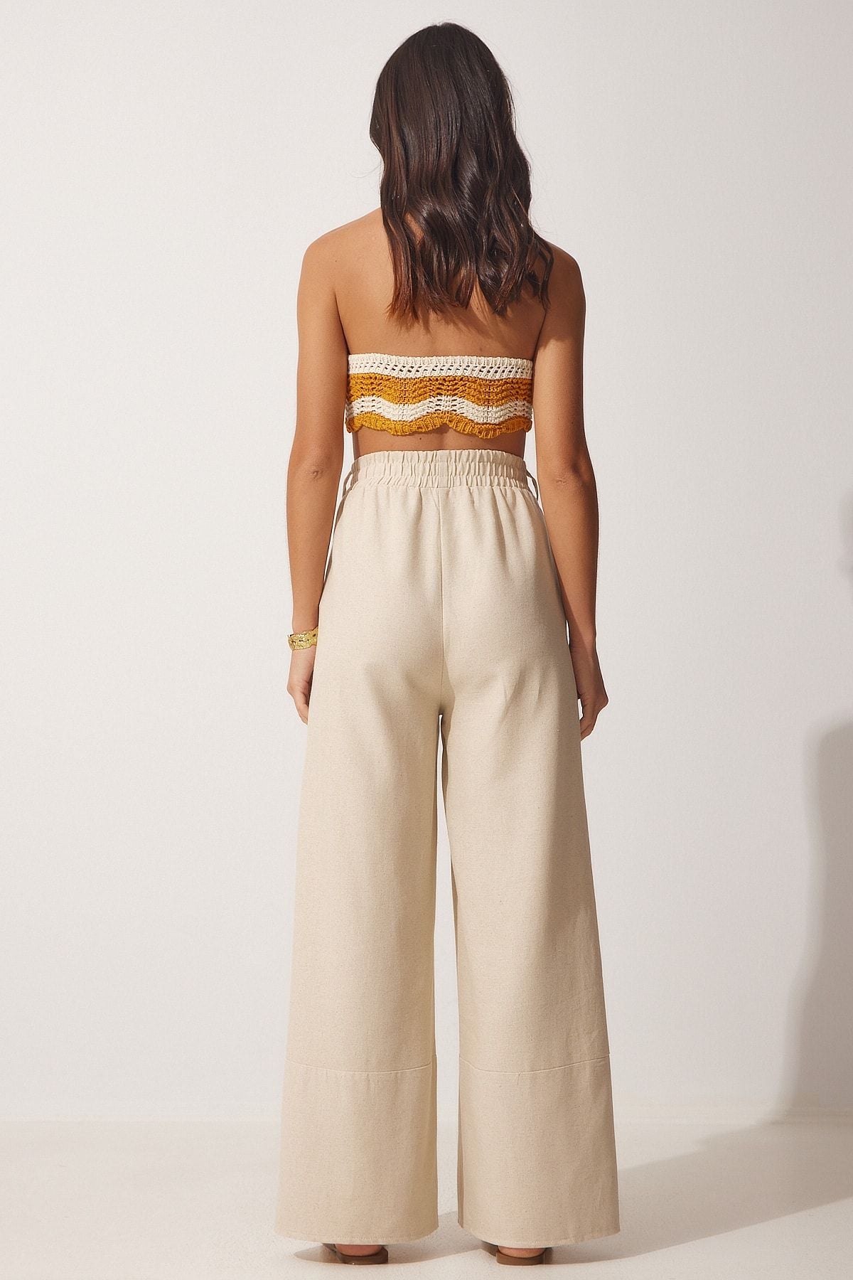 Women's Cream Stylish Button Detailed Linen Palazzo Trousers MX00095