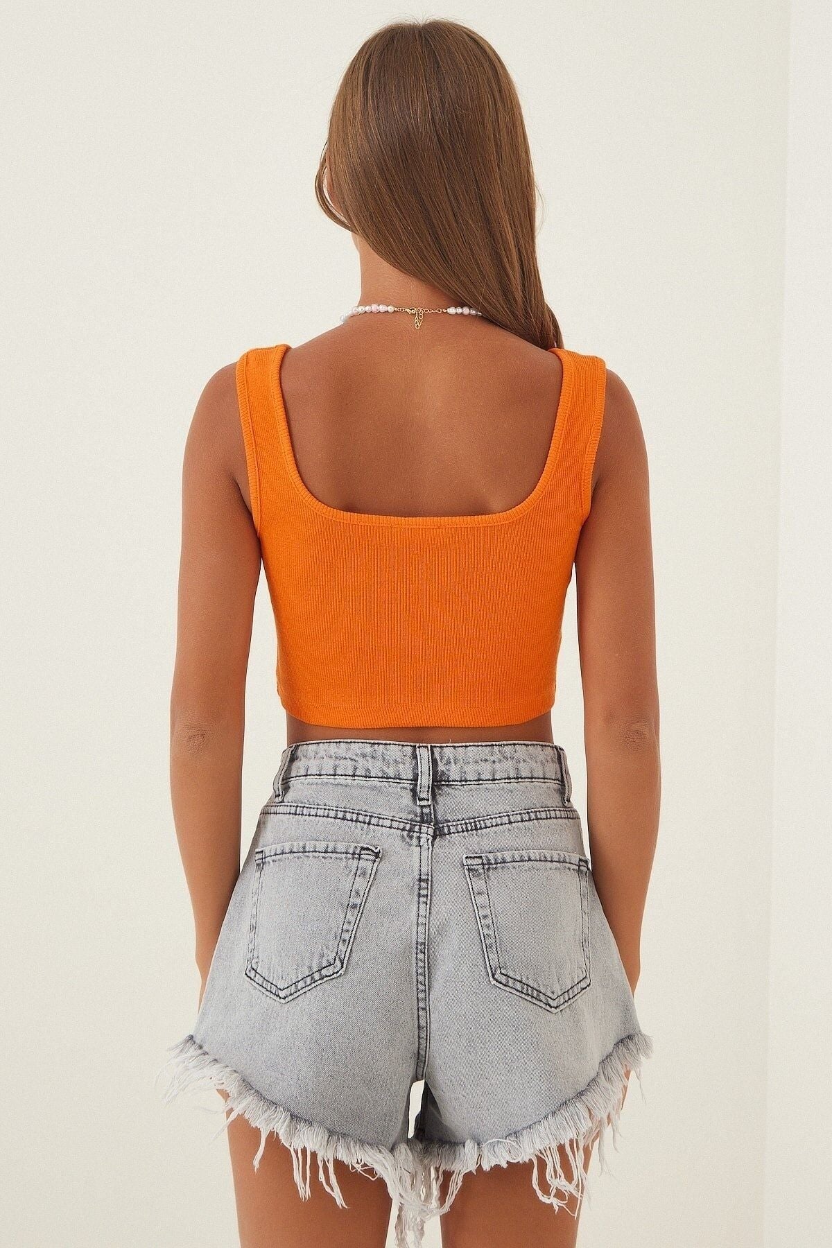 Women's Middle Orange Crop 2 Plot Knitting Blouse GT00034