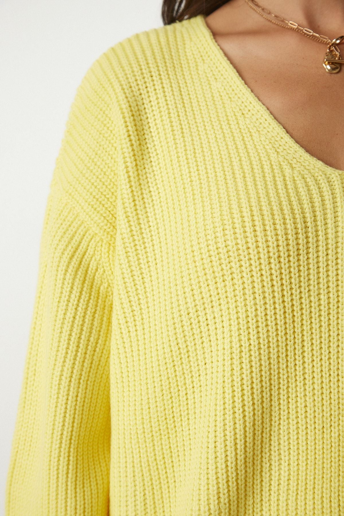 Woman Yellow V -Yaka Oversizle Basic Knitwear Kazakh MX00130
