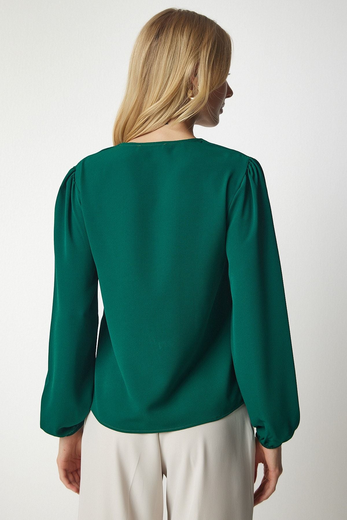 Female Emerald Green V -Neck Crepe Blouse UB00153