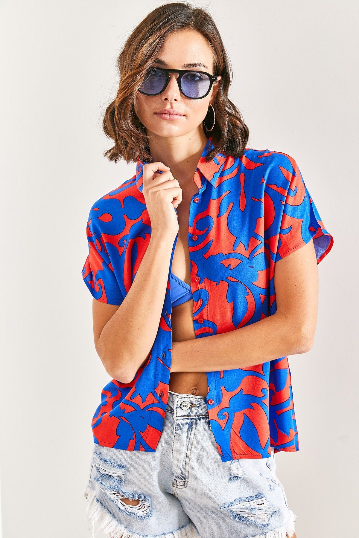 Women's Bat Sleeve Multi Patterned Viscose Shirt 40921019